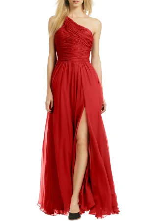 Pleated Single-shoulder Red Prom Gown with High Thigh Slit