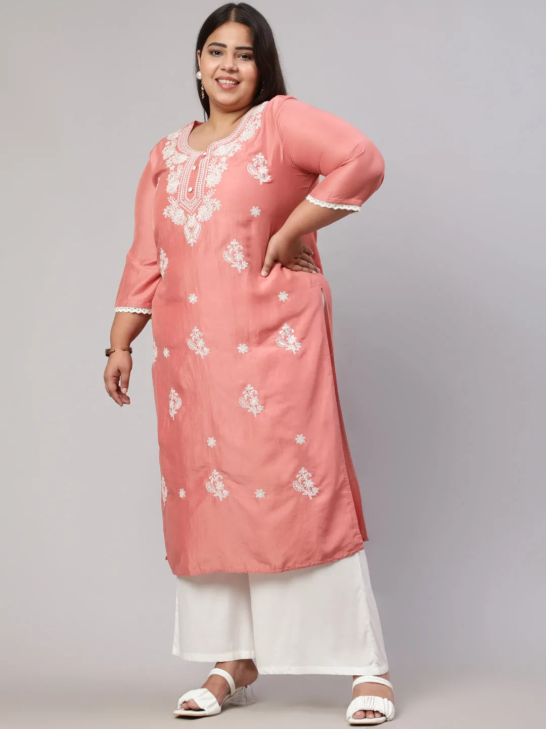Plus Size Peach Chikankari Straight Kurta