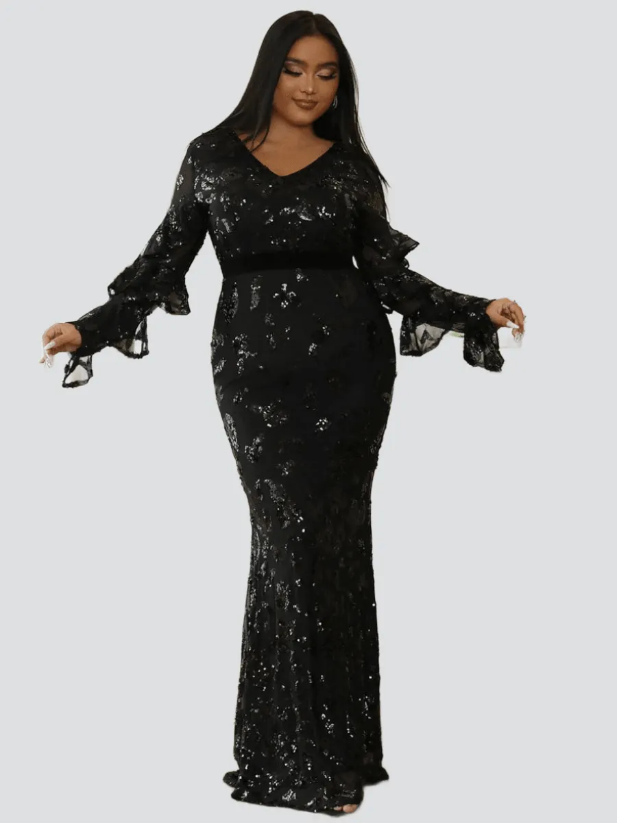 Plus Size V-Neck Black Sequin Dress PXJ1461