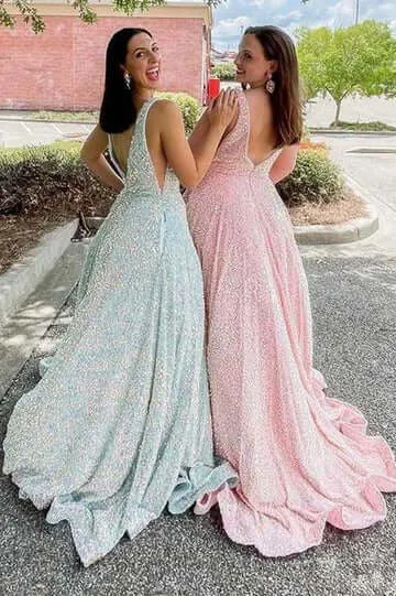 Plus Size White Sequin Iridescent Prom Dress V-Neck Backless A-Line Formal Dress