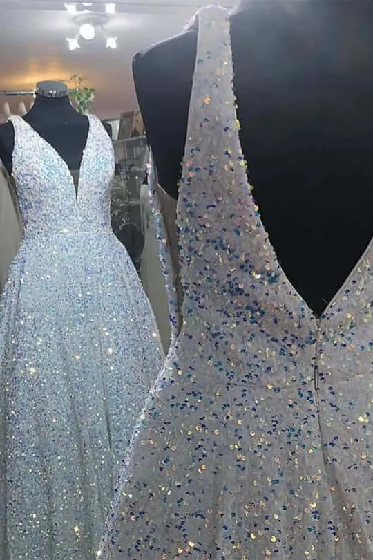 Plus Size White Sequin Iridescent Prom Dress V-Neck Backless A-Line Formal Dress