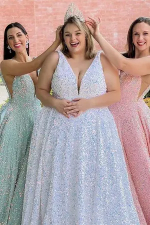 Plus Size White Sequin Iridescent Prom Dress V-Neck Backless A-Line Formal Dress