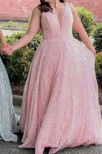 Plus Size White Sequin Iridescent Prom Dress V-Neck Backless A-Line Formal Dress
