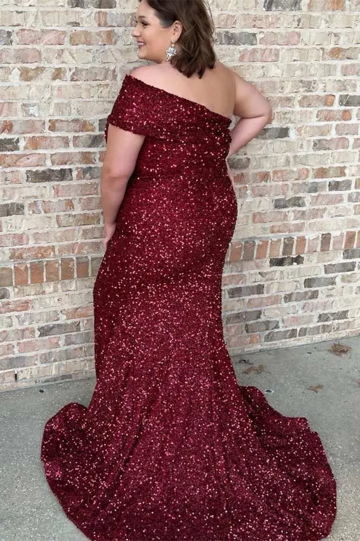 Plus Size Wine Red Sequin Prom Dresses Off Shoulder Long Evening Dress