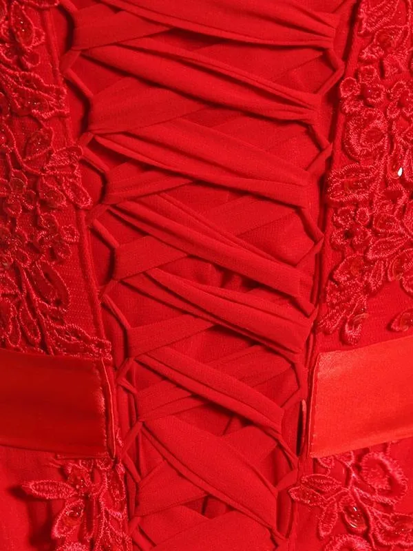 Prom Dresses Soft Pink Lace Applique Evening Dresses Chiffon Sleeveless Sash Floor Length Formal Gowns