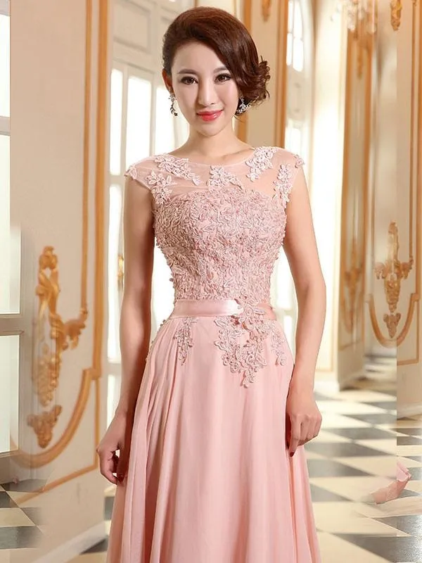 Prom Dresses Soft Pink Lace Applique Evening Dresses Chiffon Sleeveless Sash Floor Length Formal Gowns