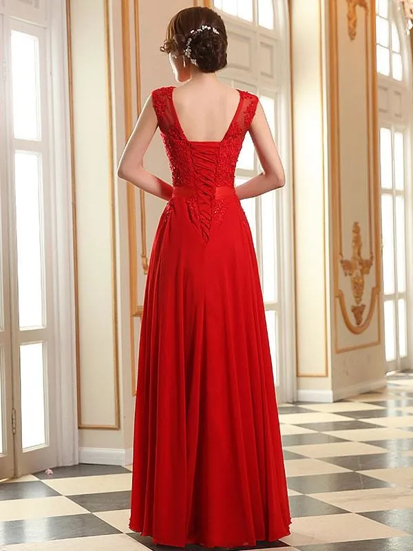 Prom Dresses Soft Pink Lace Applique Evening Dresses Chiffon Sleeveless Sash Floor Length Formal Gowns
