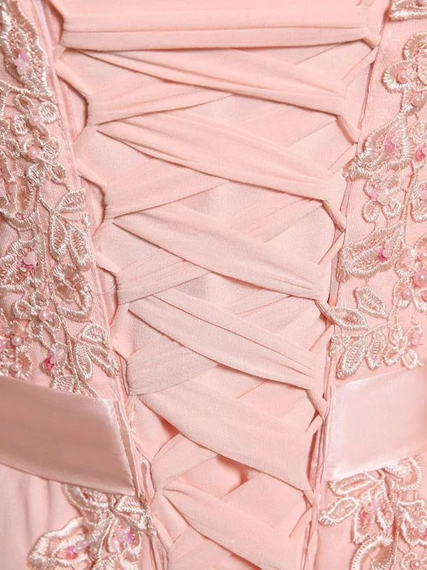 Prom Dresses Soft Pink Lace Applique Evening Dresses Chiffon Sleeveless Sash Floor Length Formal Gowns