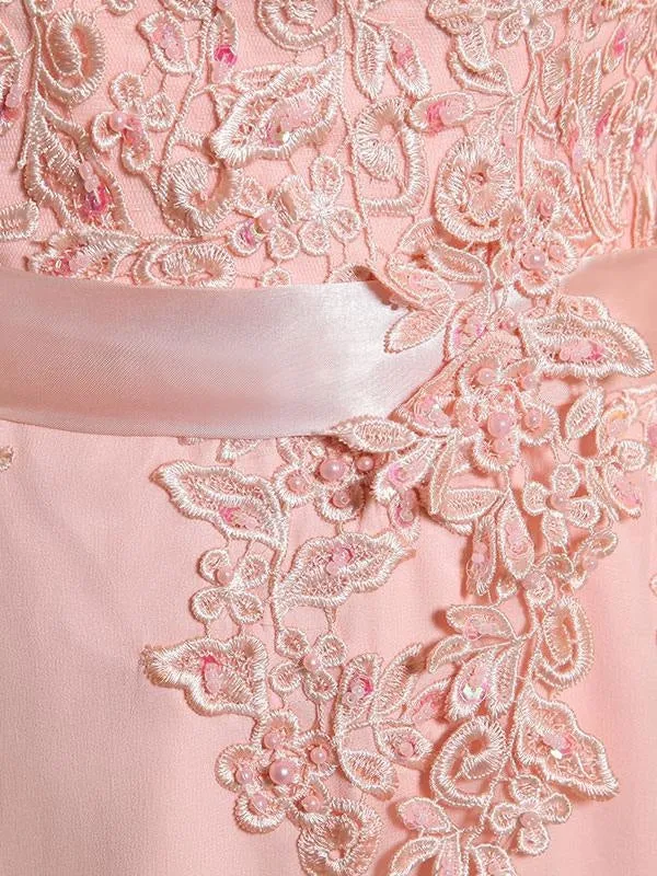 Prom Dresses Soft Pink Lace Applique Evening Dresses Chiffon Sleeveless Sash Floor Length Formal Gowns