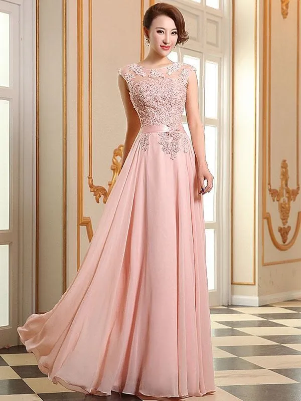 Prom Dresses Soft Pink Lace Applique Evening Dresses Chiffon Sleeveless Sash Floor Length Formal Gowns