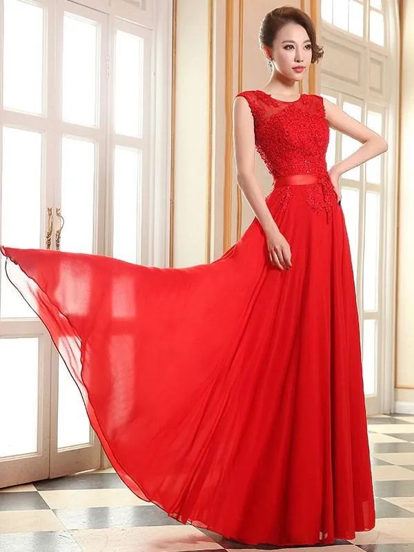 Prom Dresses Soft Pink Lace Applique Evening Dresses Chiffon Sleeveless Sash Floor Length Formal Gowns