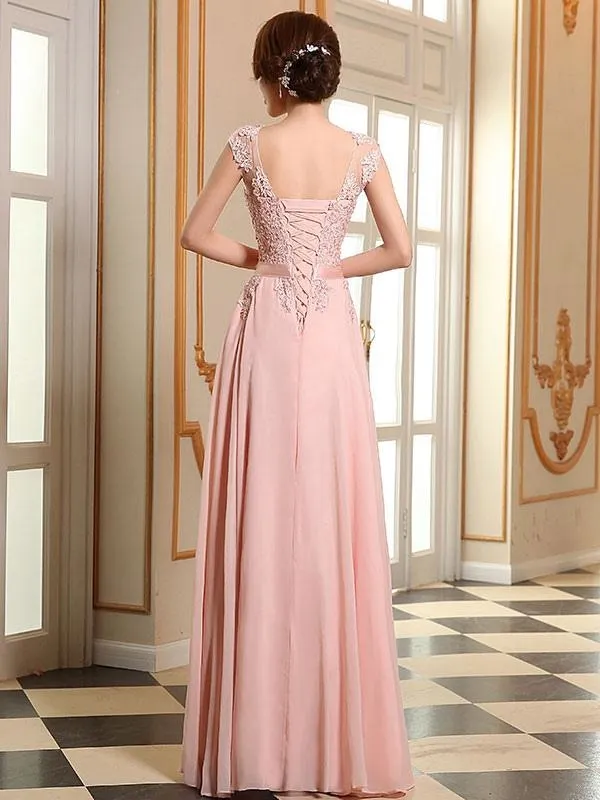 Prom Dresses Soft Pink Lace Applique Evening Dresses Chiffon Sleeveless Sash Floor Length Formal Gowns