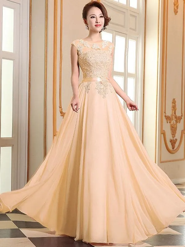 Prom Dresses Soft Pink Lace Applique Evening Dresses Chiffon Sleeveless Sash Floor Length Formal Gowns
