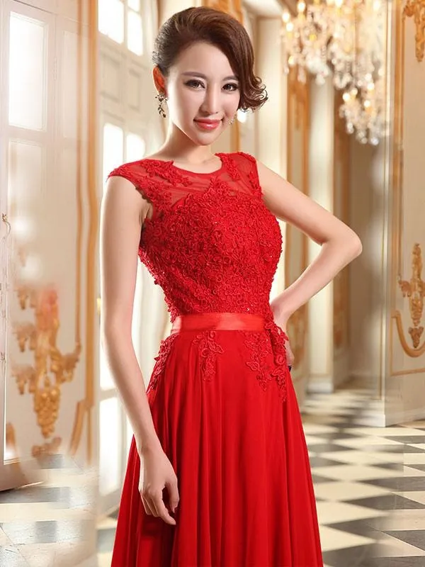 Prom Dresses Soft Pink Lace Applique Evening Dresses Chiffon Sleeveless Sash Floor Length Formal Gowns