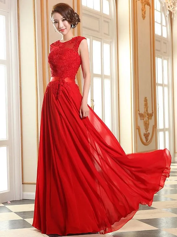 Prom Dresses Soft Pink Lace Applique Evening Dresses Chiffon Sleeveless Sash Floor Length Formal Gowns