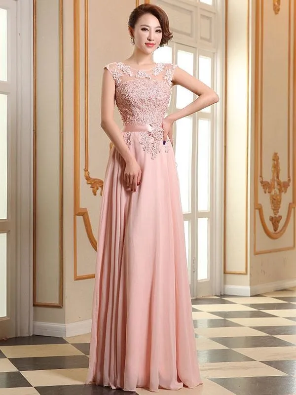 Prom Dresses Soft Pink Lace Applique Evening Dresses Chiffon Sleeveless Sash Floor Length Formal Gowns