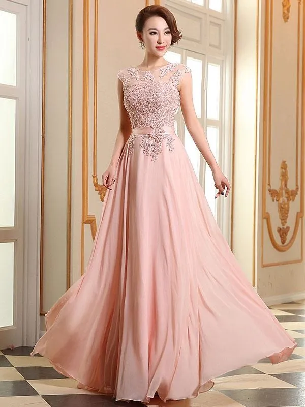 Prom Dresses Soft Pink Lace Applique Evening Dresses Chiffon Sleeveless Sash Floor Length Formal Gowns