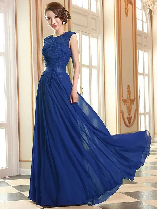 Prom Dresses Soft Pink Lace Applique Evening Dresses Chiffon Sleeveless Sash Floor Length Formal Gowns