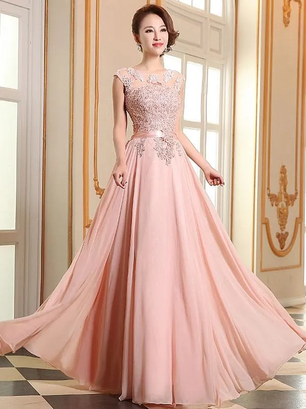 Prom Dresses Soft Pink Lace Applique Evening Dresses Chiffon Sleeveless Sash Floor Length Formal Gowns