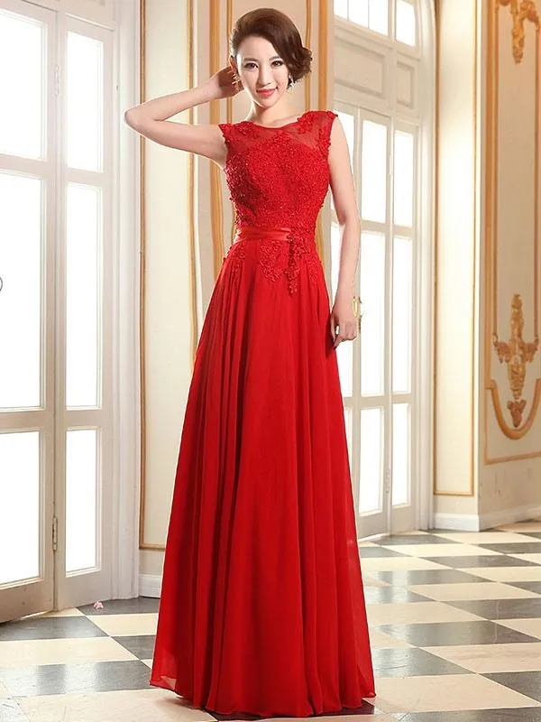 Prom Dresses Soft Pink Lace Applique Evening Dresses Chiffon Sleeveless Sash Floor Length Formal Gowns