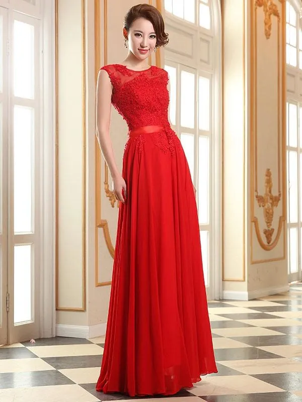 Prom Dresses Soft Pink Lace Applique Evening Dresses Chiffon Sleeveless Sash Floor Length Formal Gowns