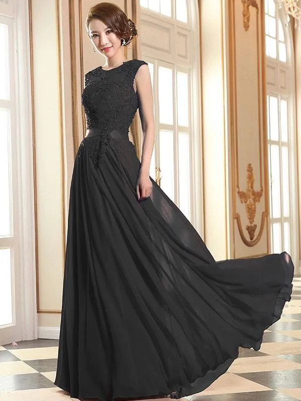 Prom Dresses Soft Pink Lace Applique Evening Dresses Chiffon Sleeveless Sash Floor Length Formal Gowns