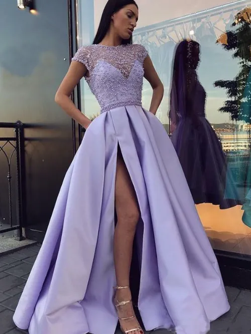 purple prom dresses long satin short sleeve beaded lace elegant prom gown with slit robe de soiree