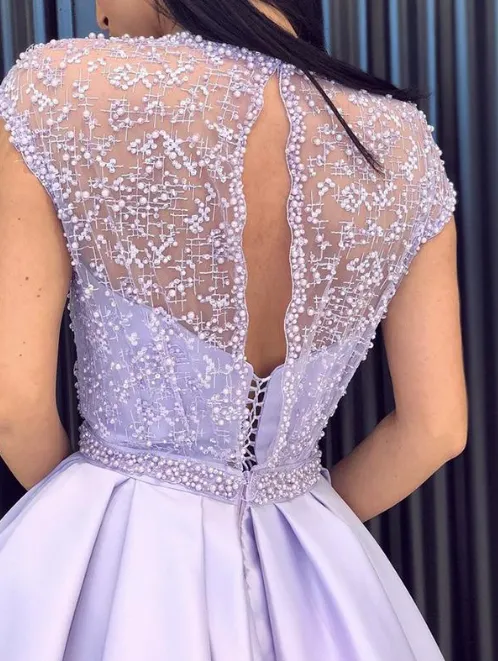 purple prom dresses long satin short sleeve beaded lace elegant prom gown with slit robe de soiree