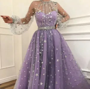 purple prom dresses long sleeve elegant starry tulle prom gown long vestido de festa de Longo