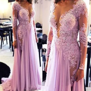 purple prom dresses long sleeve lace appliqué beaded chiffon lilac sexy formal dresses abendkleider