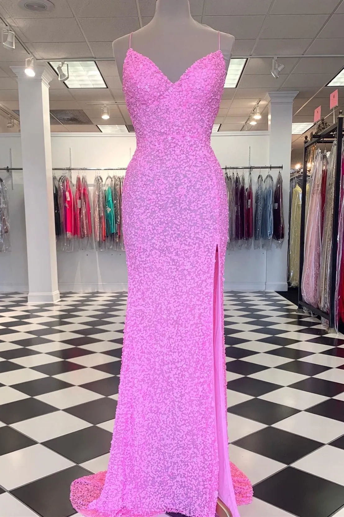 Purple Sequins Mermaid Prom Dress Slit Long Evening Gown Sleeveless