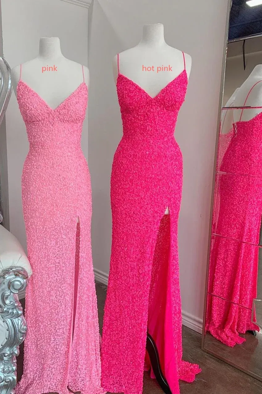 Purple Sequins Mermaid Prom Dress Slit Long Evening Gown Sleeveless