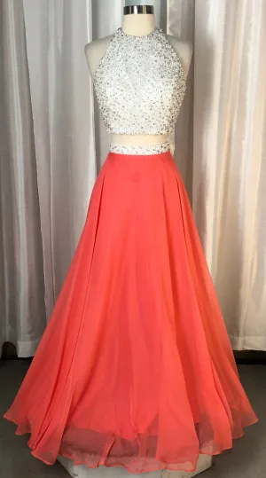 RACHEL ALLAN Long Coral & White Two Piece Size 12