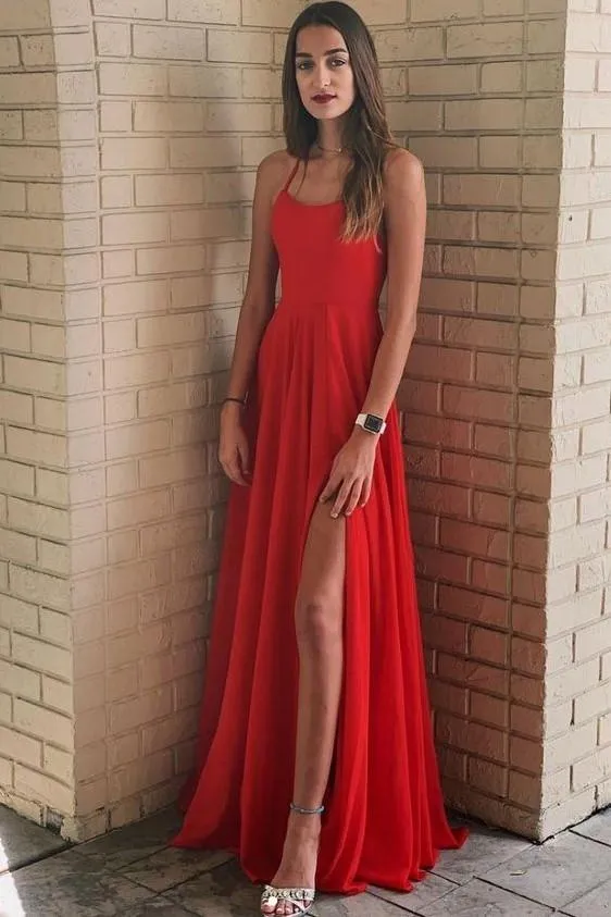 Red Long Maxi Dress with Side Slit Formal Prom Gowns