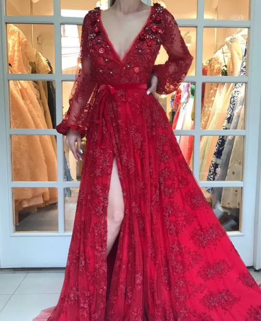 red prom dresses long sleeve lace appliqué 3d flowers beaded elegant prom gown vestido de longo