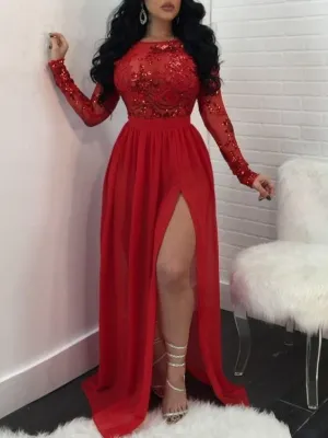 red prom dresses long sleeve sparkly sequin appliqué chiffon a line sexy formal dresses prom gown