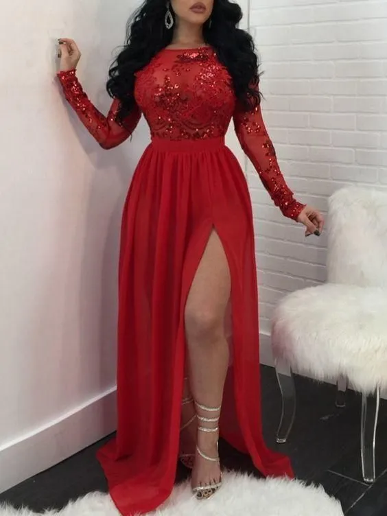 red prom dresses long sleeve sparkly sequin appliqué chiffon a line sexy formal dresses prom gown