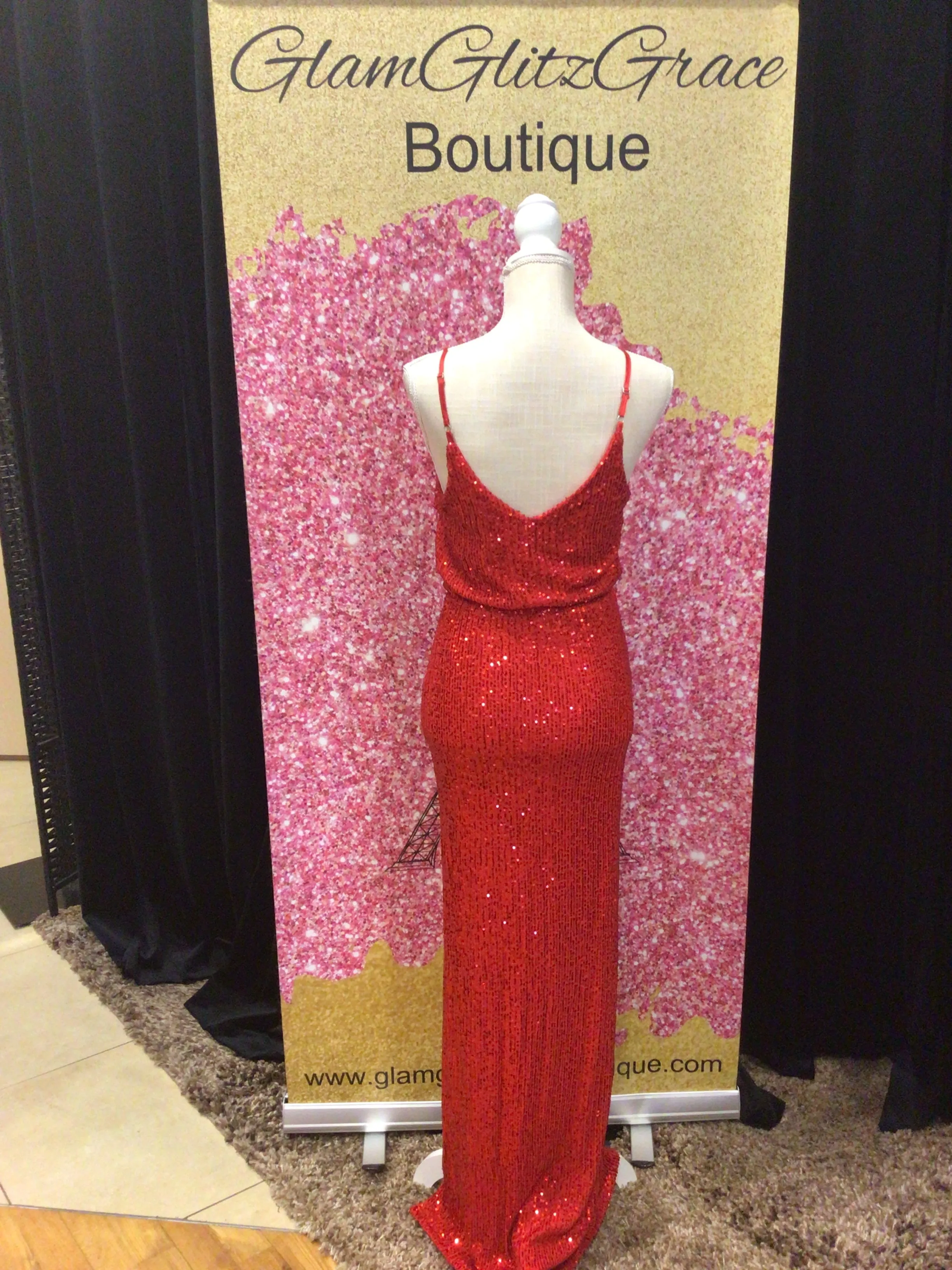 Red Sequin Spaghetti Strap V Cut Dress With Slit