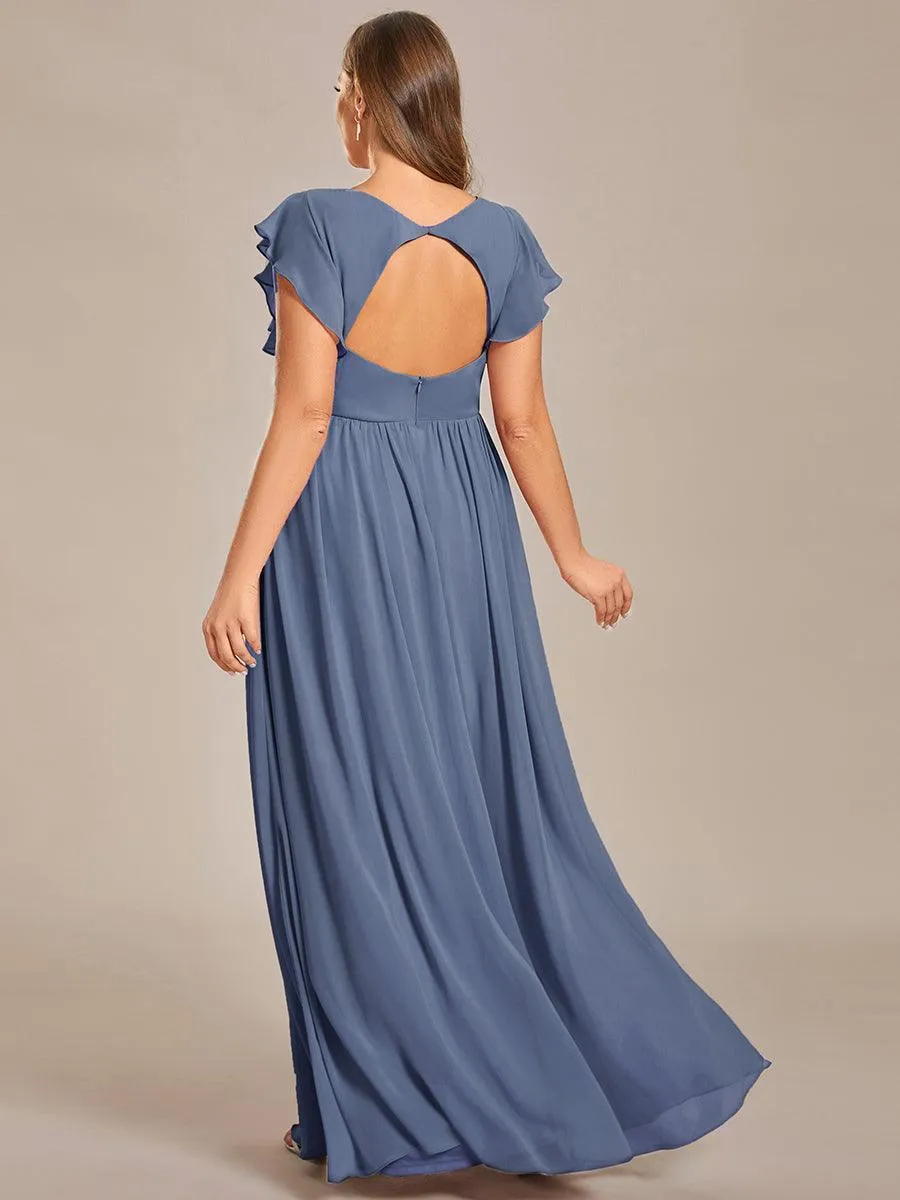 Robe de demoiselle d'honneur en mousseline de soie à manches plissées grande taille
