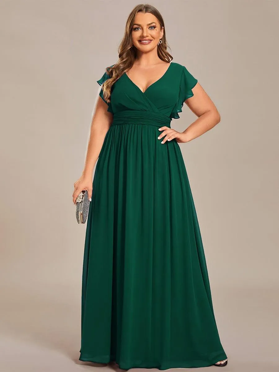 Robe de demoiselle d'honneur en mousseline de soie à manches plissées grande taille