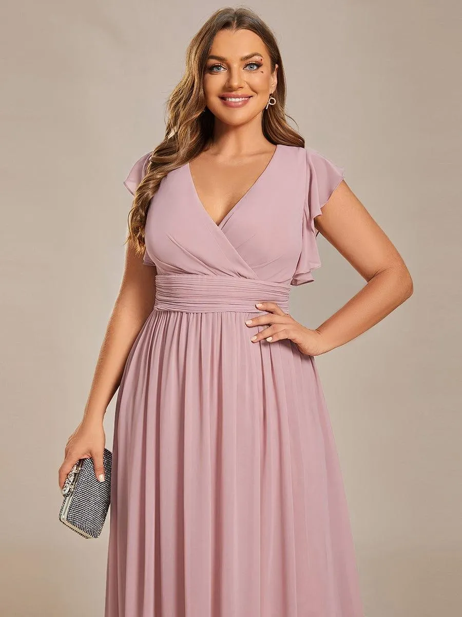 Robe de demoiselle d'honneur en mousseline de soie à manches plissées grande taille