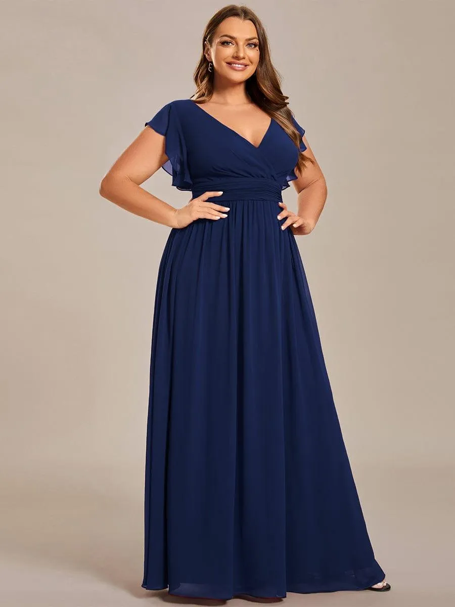 Robe de demoiselle d'honneur en mousseline de soie à manches plissées grande taille
