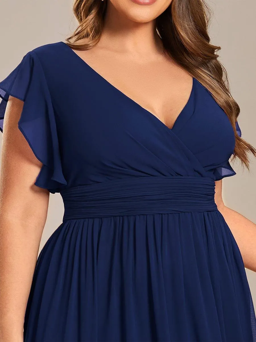 Robe de demoiselle d'honneur en mousseline de soie à manches plissées grande taille