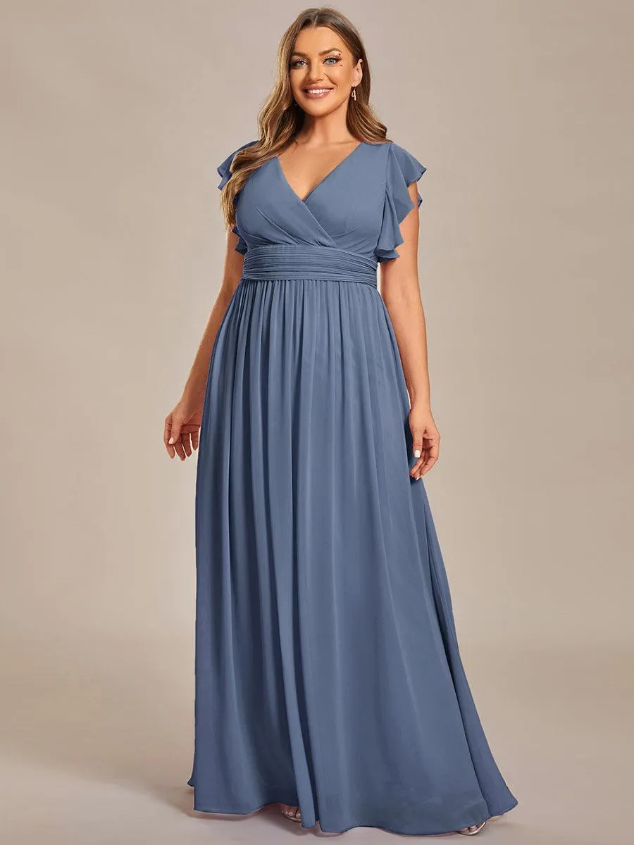 Robe de demoiselle d'honneur en mousseline de soie à manches plissées grande taille
