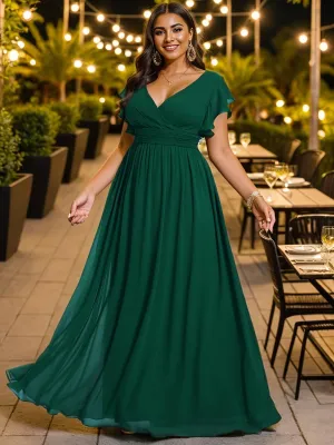 Robe de demoiselle d'honneur en mousseline de soie à manches plissées grande taille