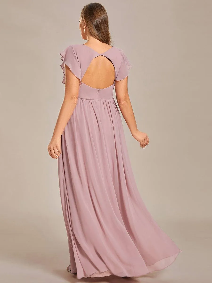 Robe de demoiselle d'honneur en mousseline de soie à manches plissées grande taille