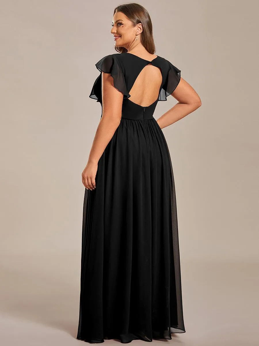 Robe de demoiselle d'honneur en mousseline de soie à manches plissées grande taille
