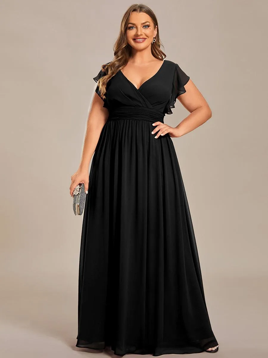 Robe de demoiselle d'honneur en mousseline de soie à manches plissées grande taille