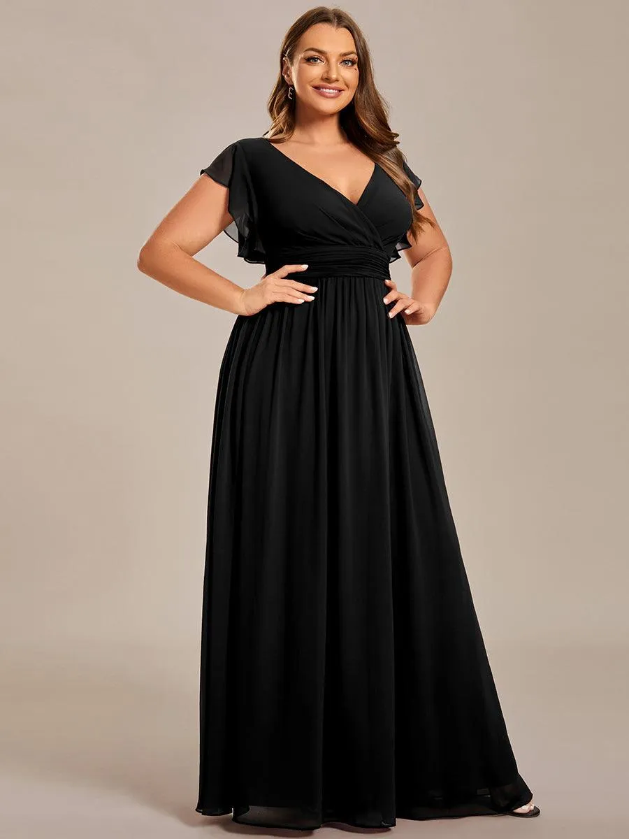 Robe de demoiselle d'honneur en mousseline de soie à manches plissées grande taille