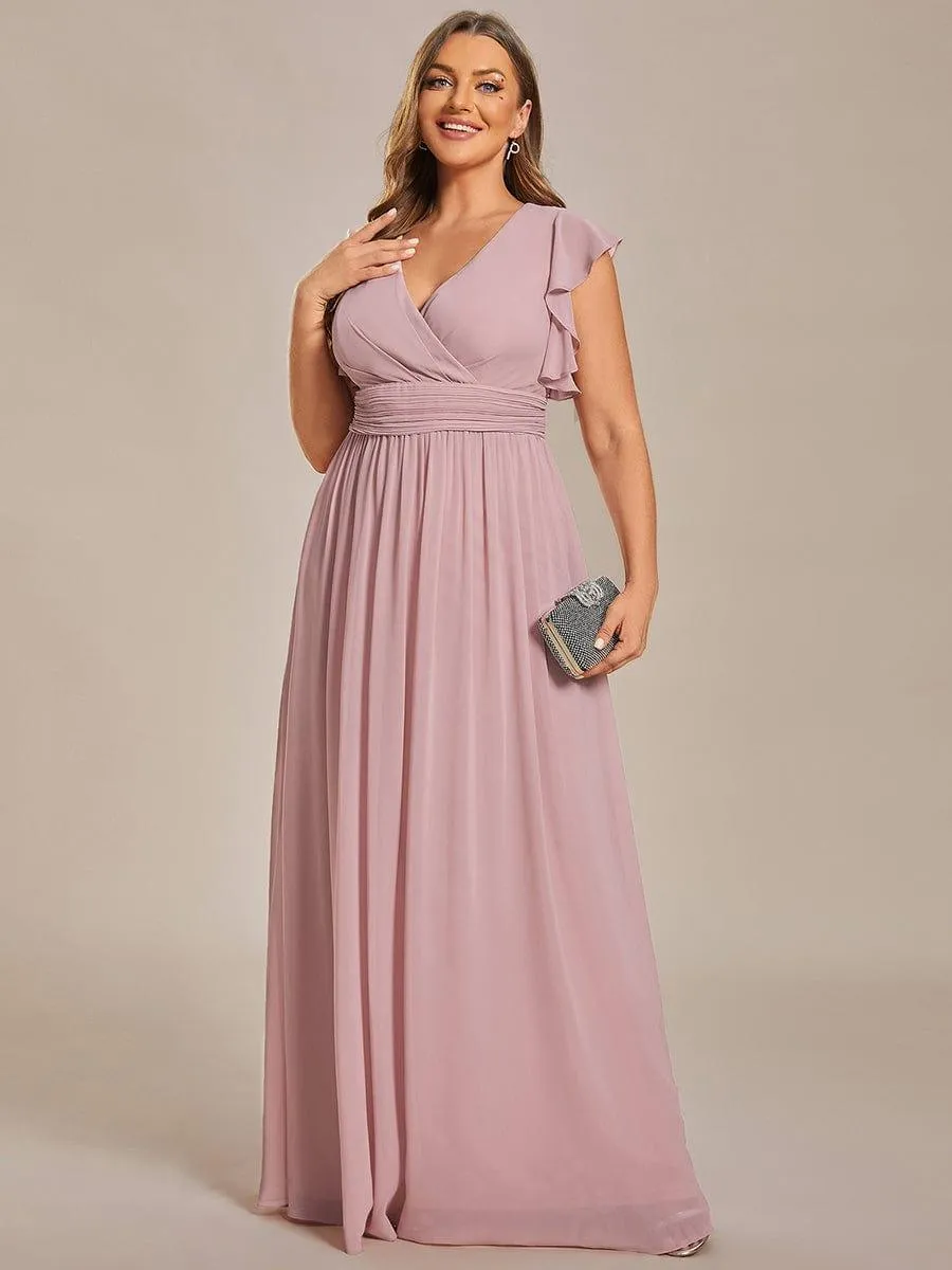 Robe de demoiselle d'honneur en mousseline de soie à manches plissées grande taille